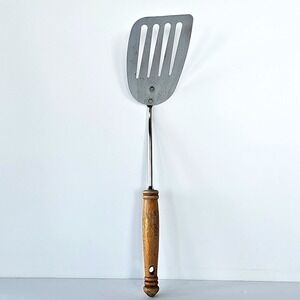 Vtg EKCO Chromium Plated Angled Slotted Turner Spatula Wood Handle 13" USA 1949